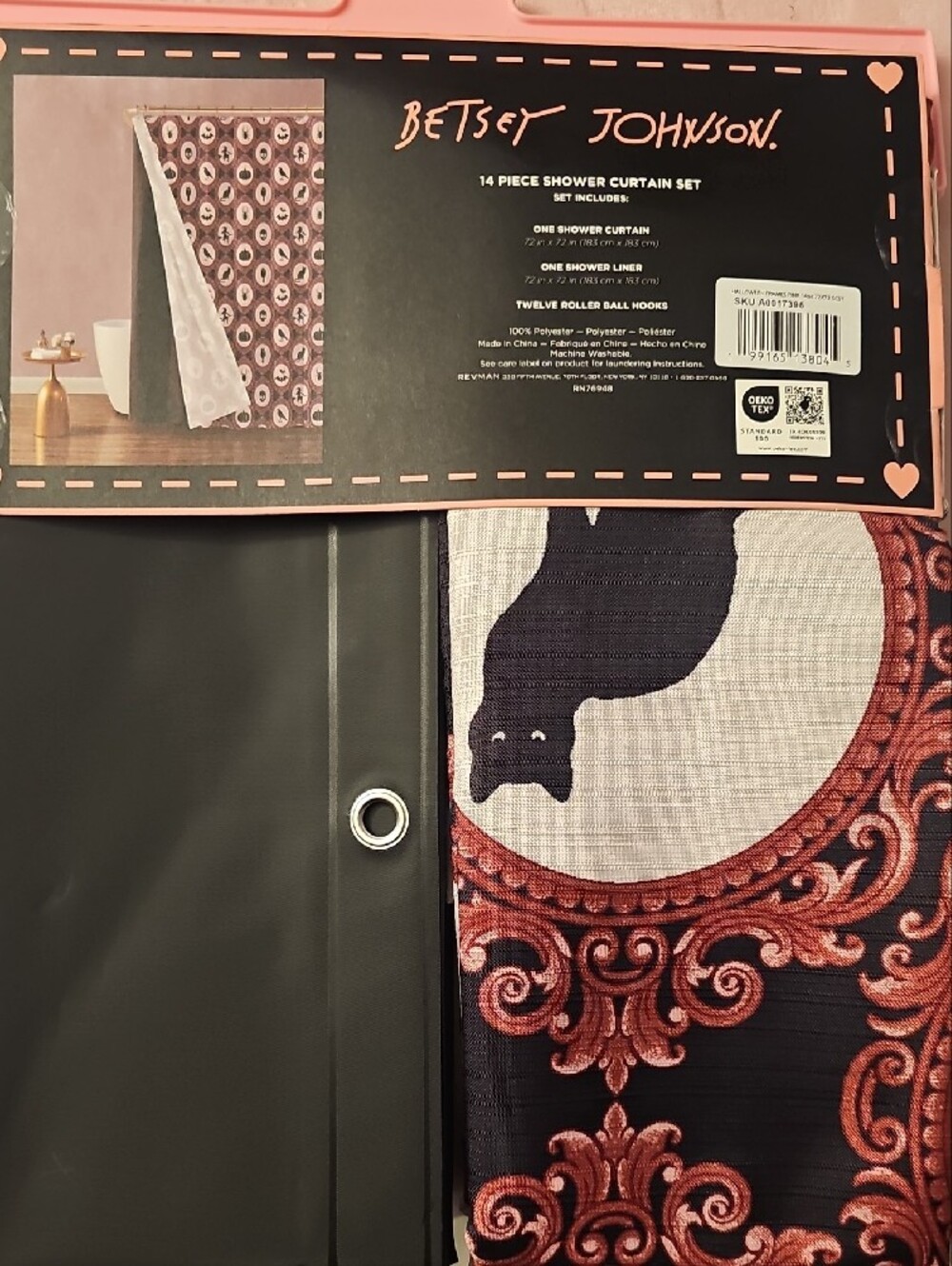 Betsey Johnson Black Shower Curtain Set with Hooks - Halloween - Picture 2 of 4